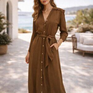 Diega Paris ROMEA Wool Blend Fringe Maxi Shirt Dress Brown Made in Morocco